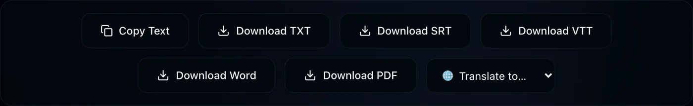 TranscriptFlow download toolbar with Copy Text, TXT, SRT, VTT, Word and PDF buttons plus a translate menu