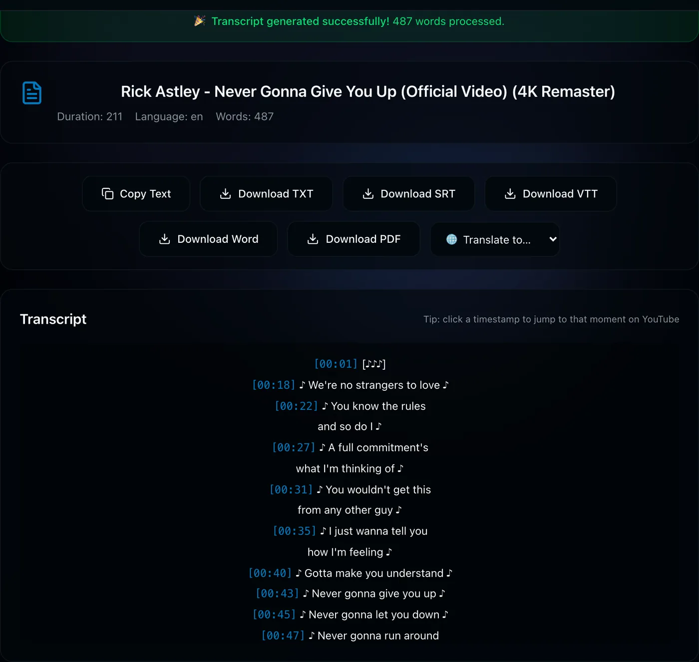 TranscriptFlow showing a generated YouTube transcript with clickable timestamps and download buttons for TXT, SRT, VTT, Word and PDF